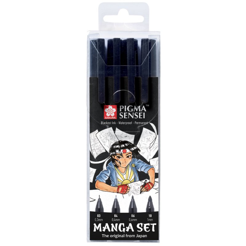 SAKURA PIGMA SENSEI manga set, black, 4 fineliners, case